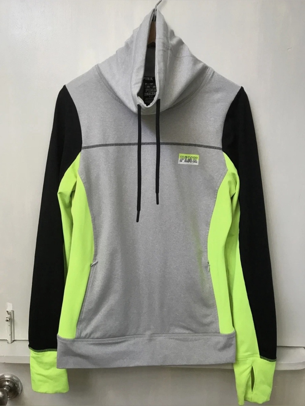 PINK Victoria's Secret Gray, Neon Yellow & Black Colorblock Hoodie